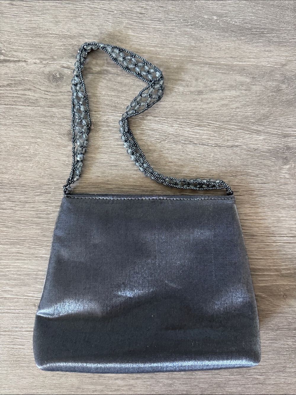 Purplish Gray Metallic Evening Mini Bag with Beaded Strap - Picture 3 of 6